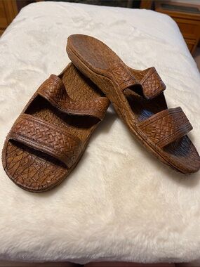 Woven Leather Slide Sandals in Brown